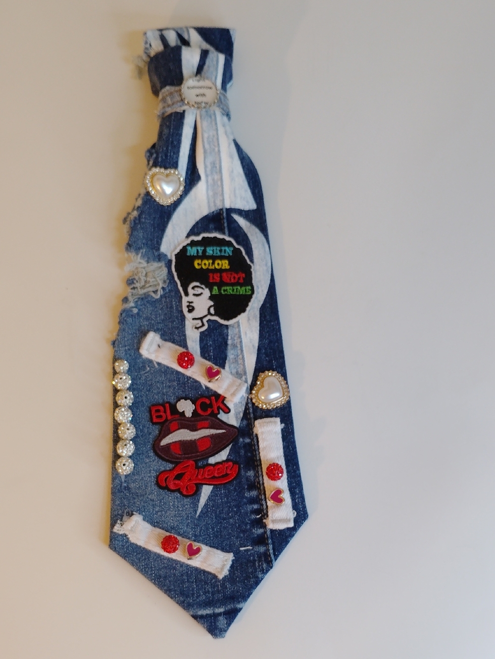 Denim Patch Tie - Blue with Decorative Hearts